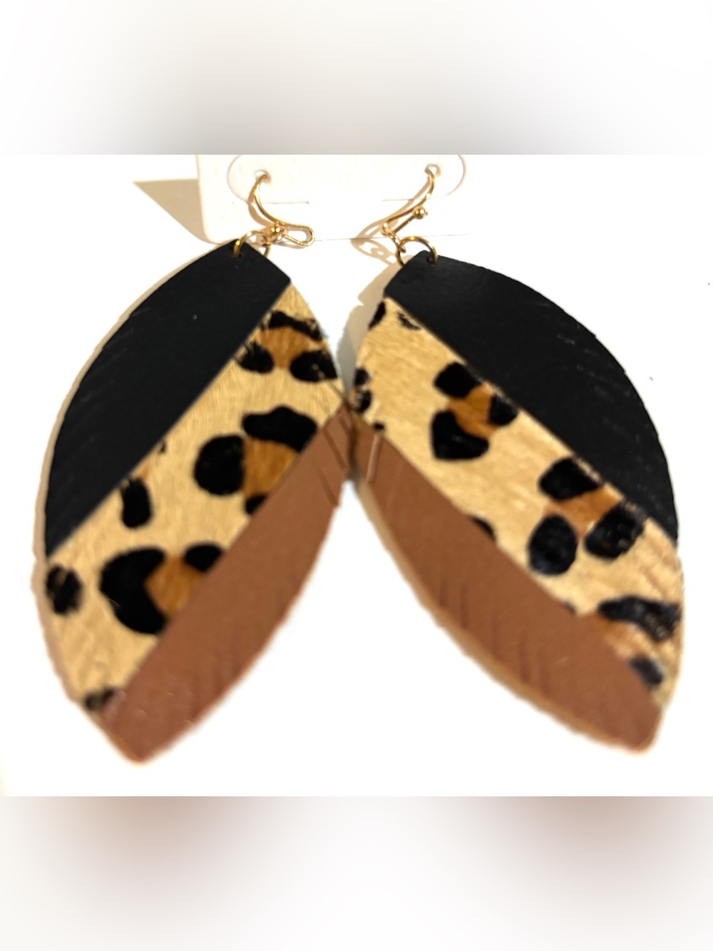 Leopard Chevron Leather Teardrop Earrings - Black, Brown, Tan
